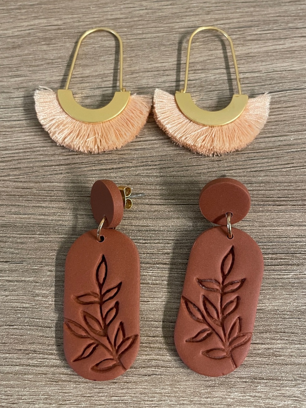 Peach Fringe Gold Hoop Earrings & Terracotta Botanical Dangle Set